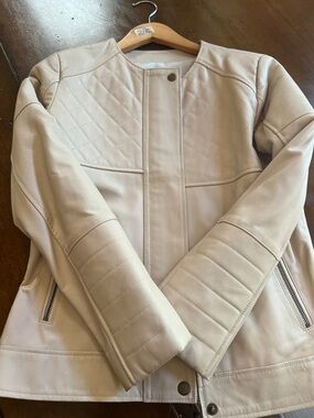 Light Beige Leather Biker Jacket with Snap Details